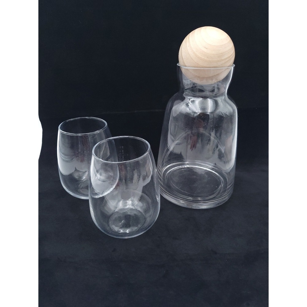 Wooden Ball Top Clear Glass Decanter & 2 Glasses Set‎ TJ Riley Barware